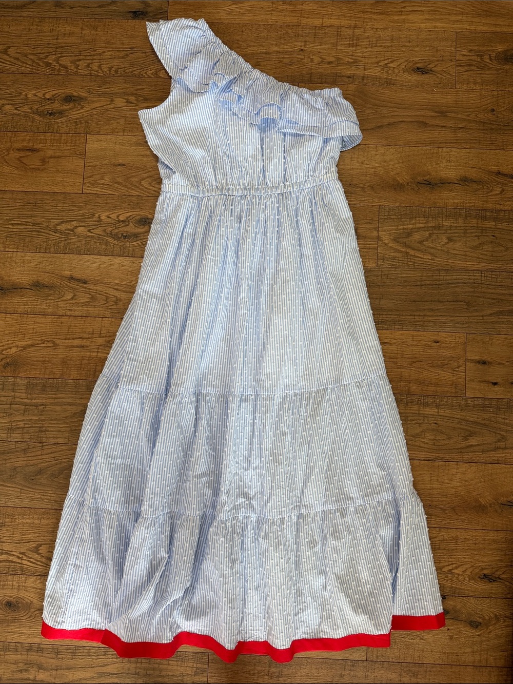 NWT Chico's Blue White Red Stripe One Shoulder Ruffle Maxi Dress Womens Medium